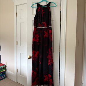 Red/black floral formal floor length dress with jeweled belt at waist - size 12